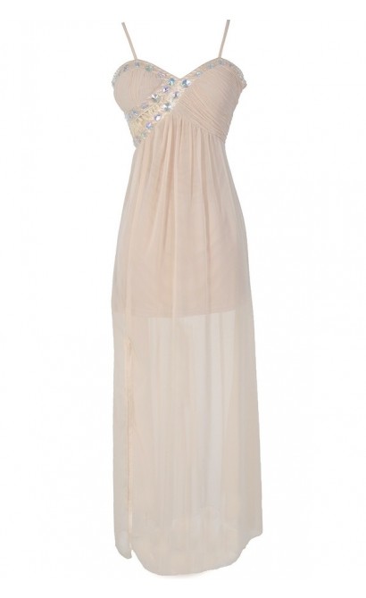 Evening Elegance Bold Embellished Maxi Dress in Cream